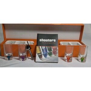 SpiceBox Shooters Bar Set 4pc Colorful Shot Glasses, Pour Spout, Recipe Book